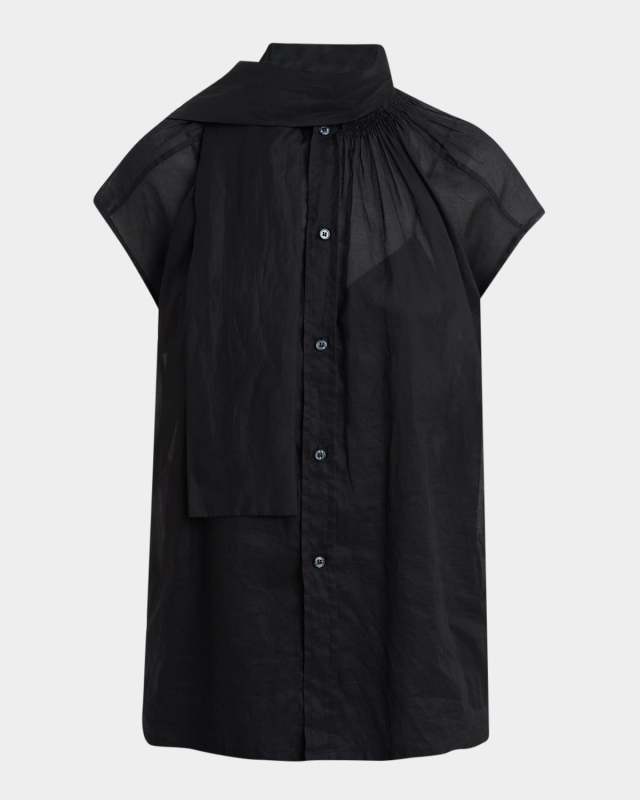 Scarf-Neck Button-Down Blouse
